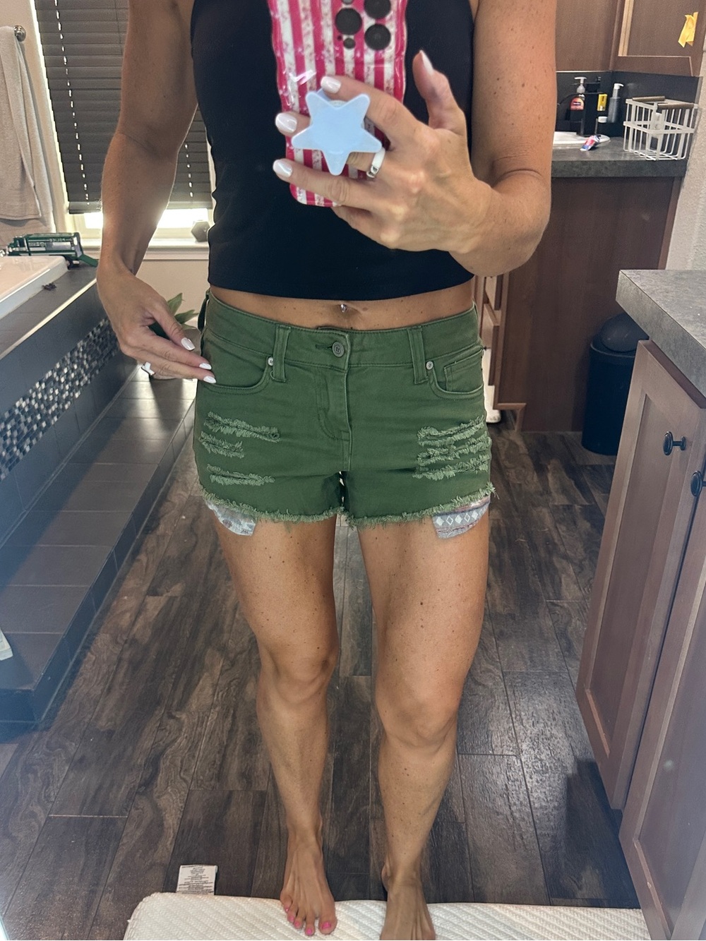 Altar'd State Olive Green Distressed Denim Shorts
